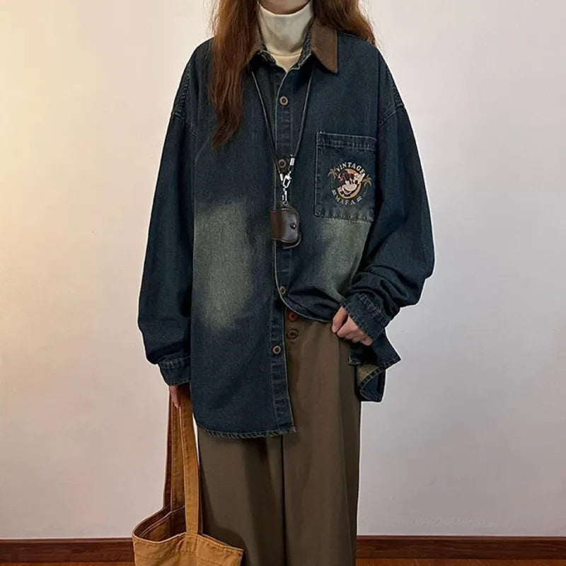 Disney Mickey Mouse American Vintage Print Denim Shirt Fashion Long Sleeve Women's Thin Jacket Spring New Trend Versatile Jacket