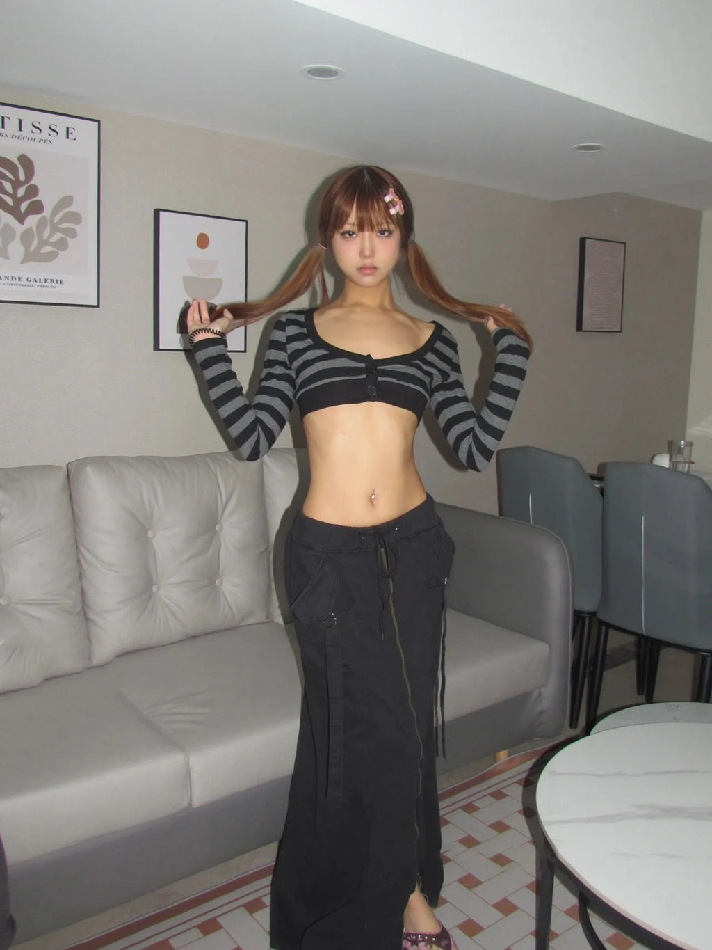 Karrram Trashy Y2k Crop Top Japanese 2000s Style Striped Long Sleeved T-shirt Vintage Harajuku High Street Tops American Retro