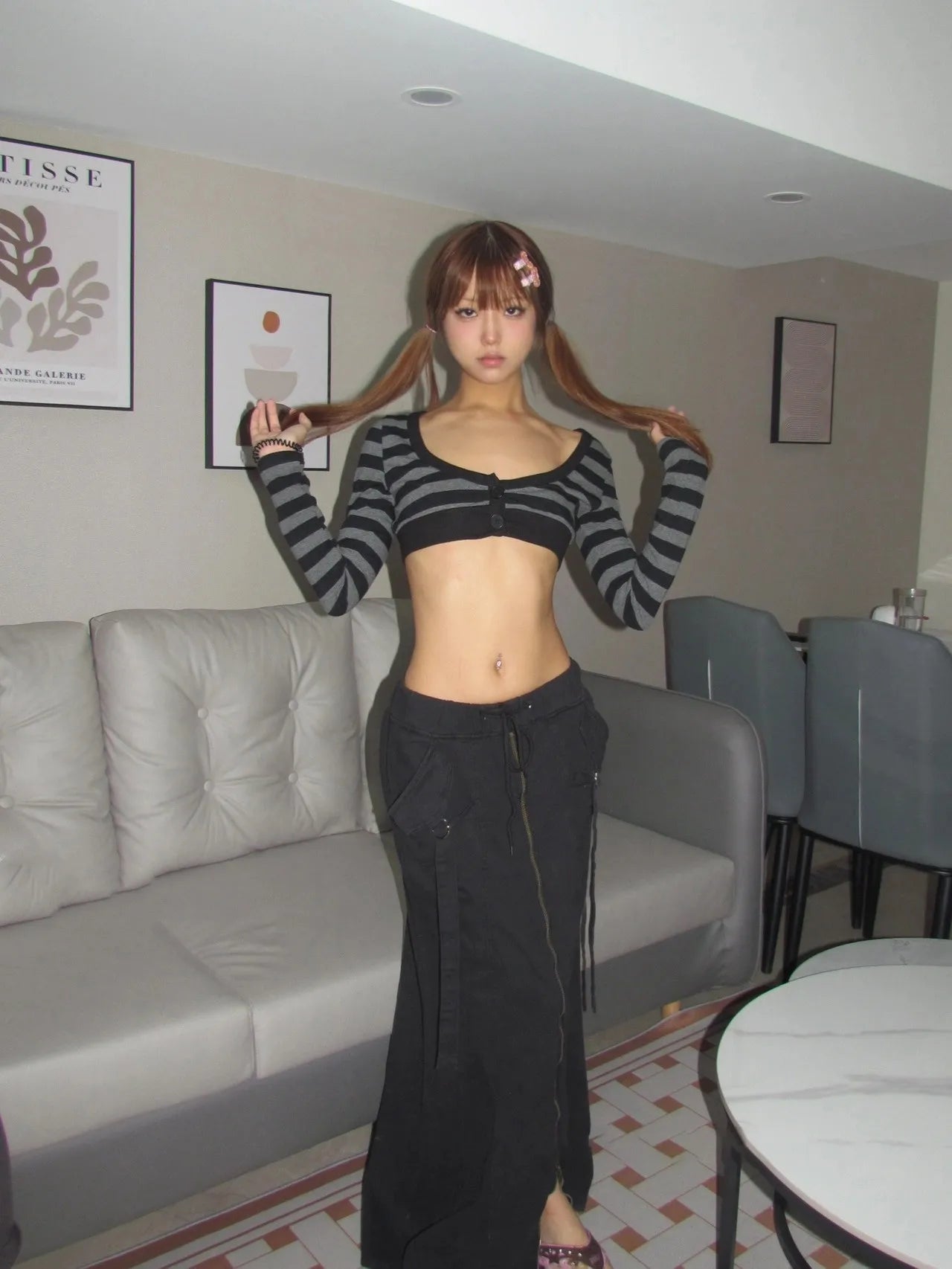 Karrram Trashy Y2k Crop Top Japanese 2000s Style Striped Long Sleeved T-shirt Vintage Harajuku High Street Tops American Retro