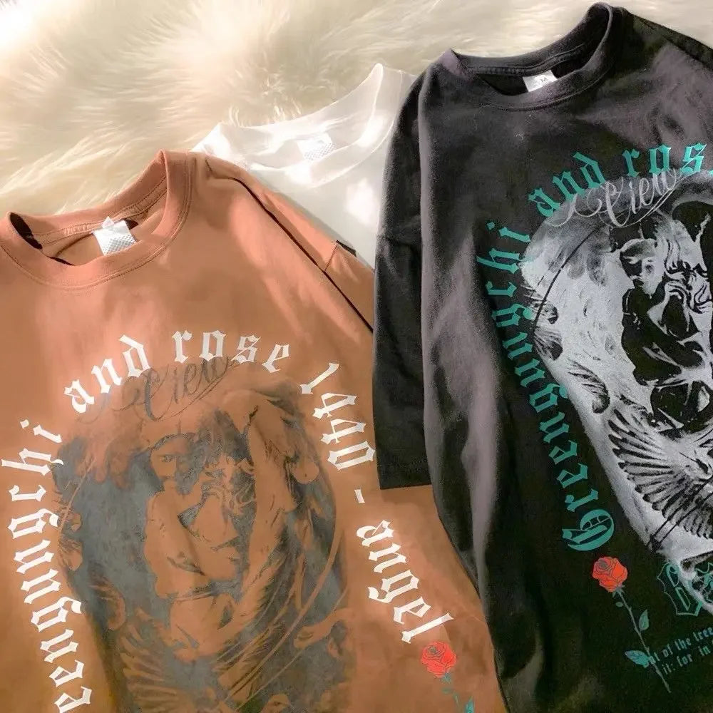 Summer Gothic Retro Print Graphic T shirt Top Fashion Y2K Men and Women Street Hip Hop Harajuku Loose Oversized T shirt