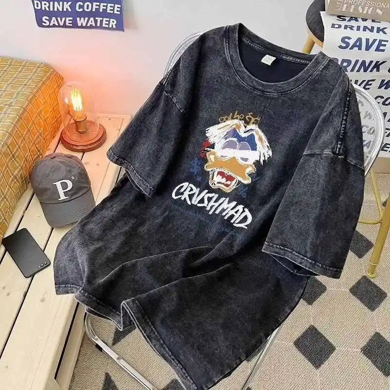 Washed Vintage American Men's And Women's Summer T-Shirts Cotton Crew Neck Breathable Comfortable  Tops For Daily Wearing