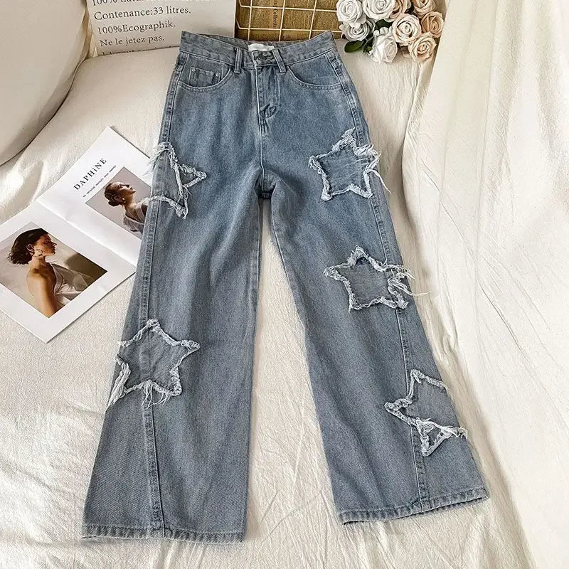 Street Style Embroidered High Waist Straight Leg Jeans Women's Autumn New Design Niche Loose Fit Long Trousers Fashionable