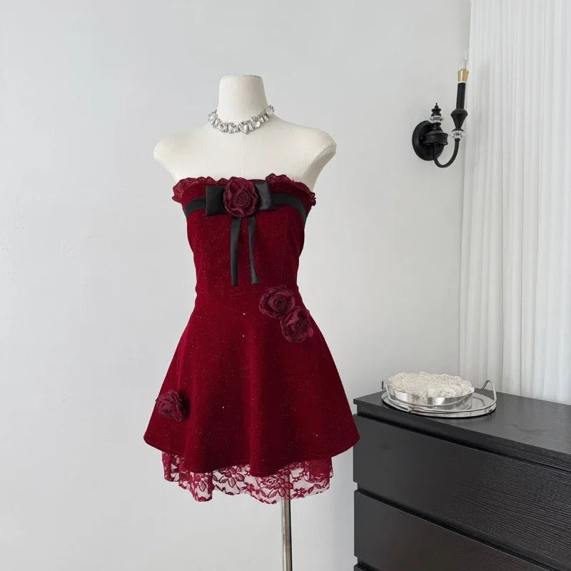 Gothic Y2k Lolita Style One Piece Dress Women Sexy Red Rose Flower Bow Party Mini Dress Japanese Fashion Elegant Dresses 2025