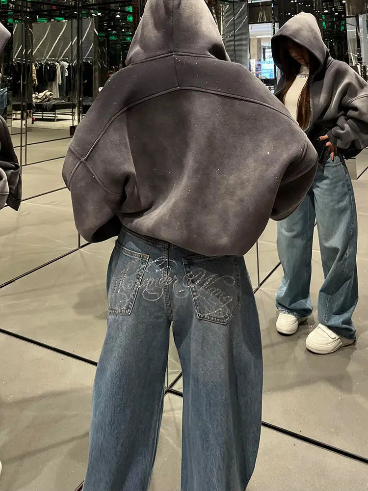 Letter Hot Diamonds High Waited Jeans Woman Street Fashion Baggy Jeans Women Clothing Casual Versatile Pants Women