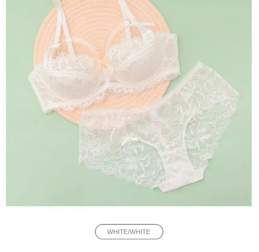 MOYISU Rabbit Ear AB Cup Pure Desire Girl Bra Set | Pull-up Bra with Bow | Breathable French lace Bra | Anti-slip Cup Date Night