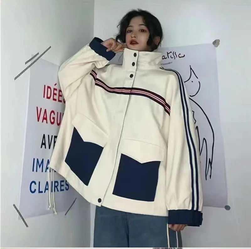 Patchwork Jacket Women American Loose Streetwear Blue and White Zipper Clothes Casual Chic Long Sleeve Harajuku Outwear