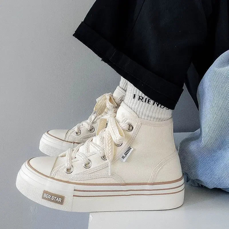 Spring 2025 Women's Canvas Sneakers High-Top Sporty Casual Shoes Student Fashion Trendy Design Synthetic Inner Rubber Sole