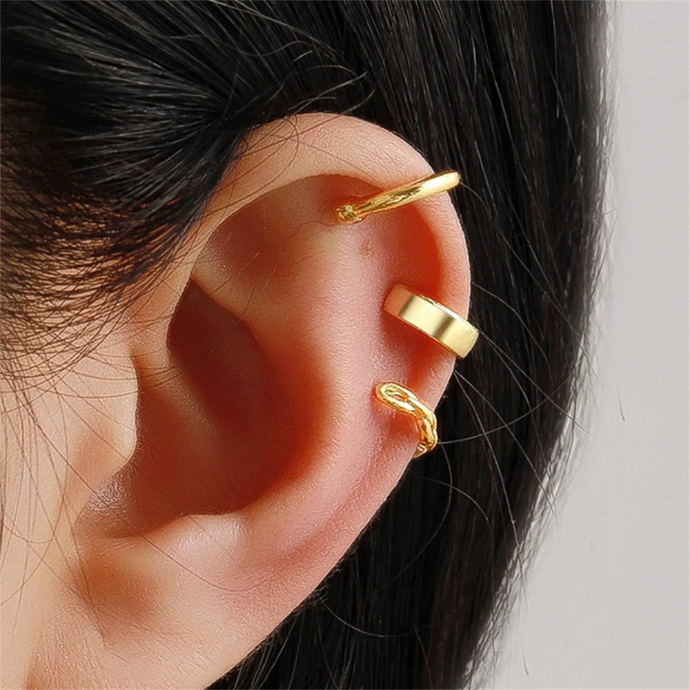 3PCS Vintage Simple Metal Crystal Ear Cuff for Women Teens Gold Color Non Piercing Fake Cartilage Clip Earrings Set Jewelry Gift
