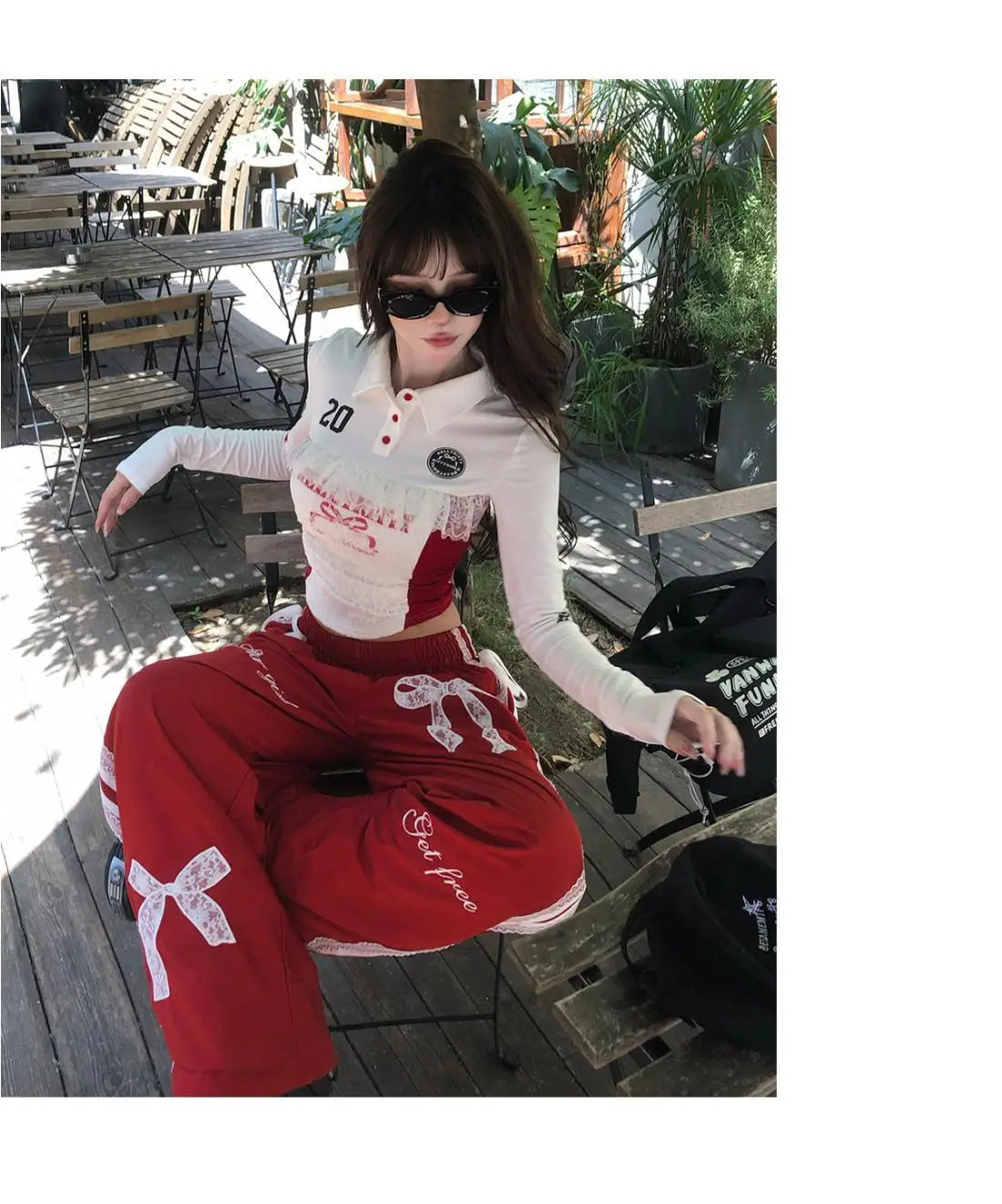 Dophee Original Spice Girls Elastic Waist All-match Loose Straight Wide Leg Pants Cute Bow Printed Splicing Lace Casual Trousers