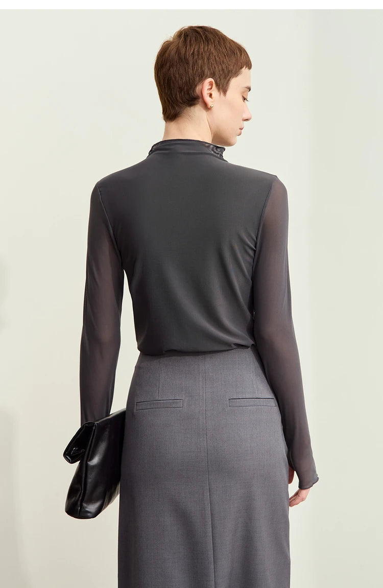 Amii Minimalism Mesh T-shirts For Women 2025 Spring New Office Lady Half-high Neck Micro Perspective Slim Retro Shirt 12423055