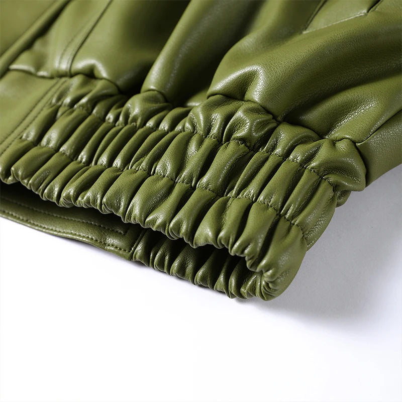 Fashion Green PU Leather Jacket Women Laple Zipper Loose Full Sleeve Single Breasted Cropped Coat 2024 New Lady Solid Streetwear