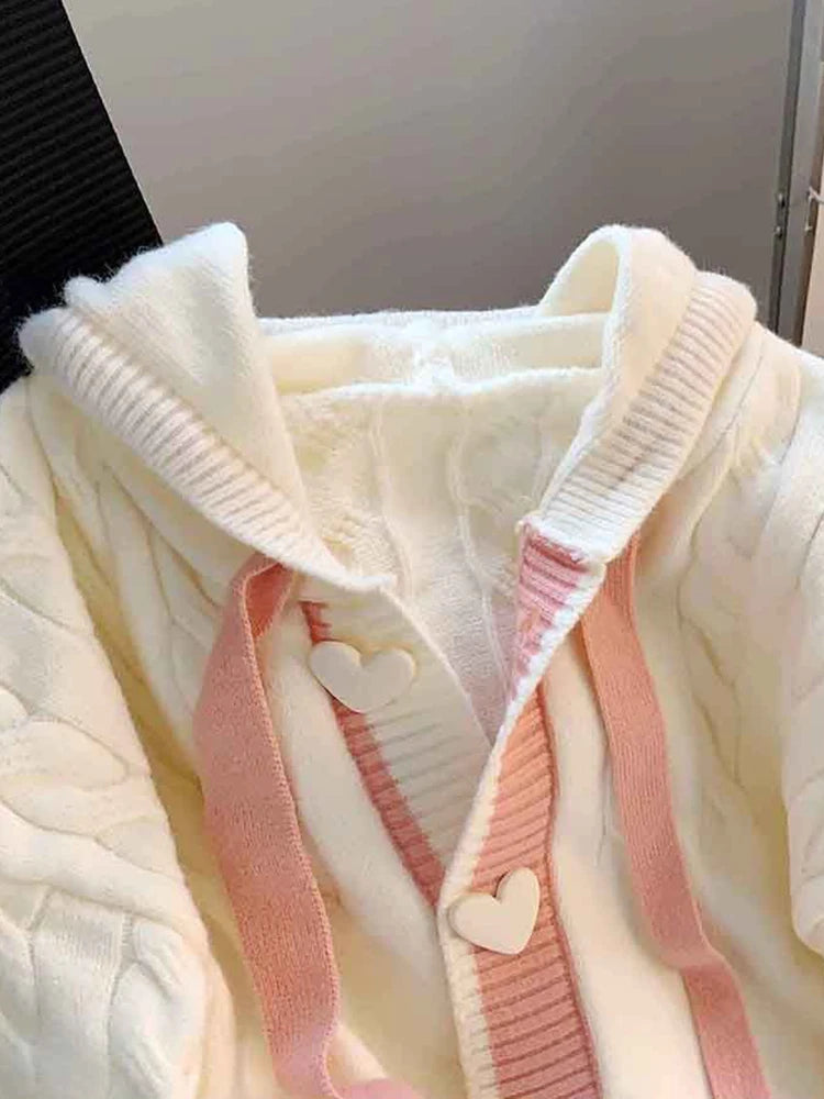 Jmprs Cute Sweet Cardigan Sweaters Women Lazy Wind White Knitted Coats Long Sleeve Loose Female Japan Kawaii Elegant Hooded Tops