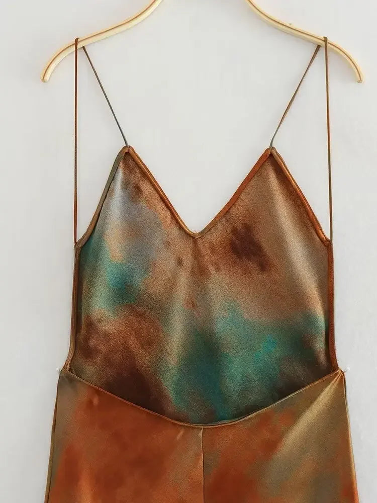 Elegant Sexy Long Dress New 2023 Design V-neck Open Back Rainbow Printing Tank Dress For Women Cross-border European Style