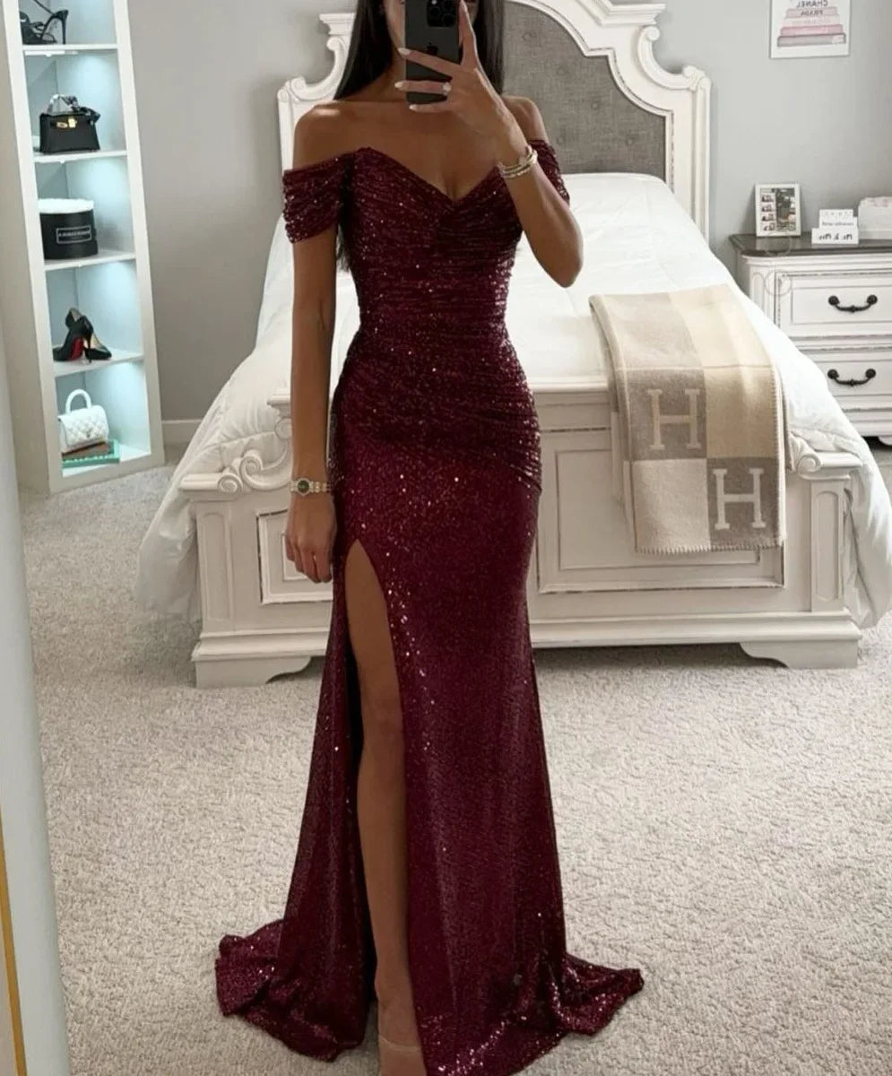 Sexy Side Slit Ballgown Shiny Sequins Women's Dress Independent Station Polyester Borderless Flashing Lightweight Fashion