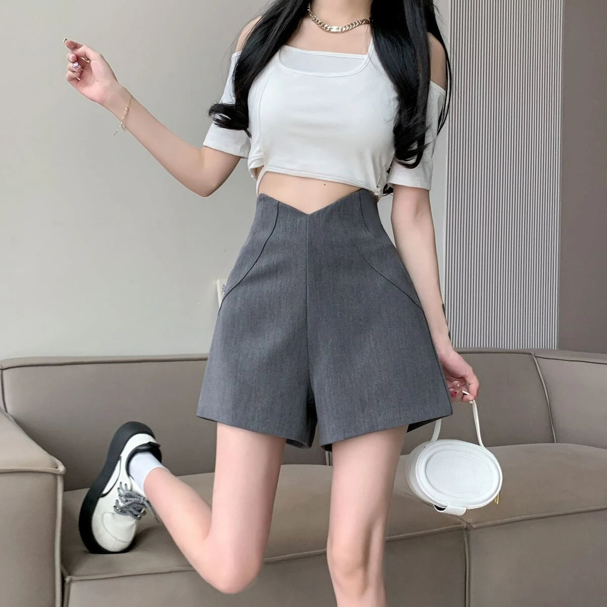 Woman Suit with Short Pants Grey Wide High Waist Irregular Shorts for Women Aesthetic Wholesale Elegant Harajuku Fashion To Wear