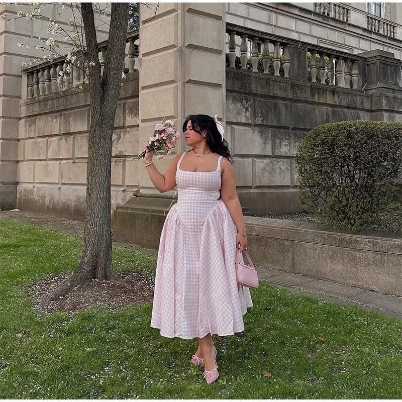 Women Fashion Plaids Pleated High Waist A-line Dress Elegant Sleeveless Backless Slim Long Dresses Summer New Party Streetwear