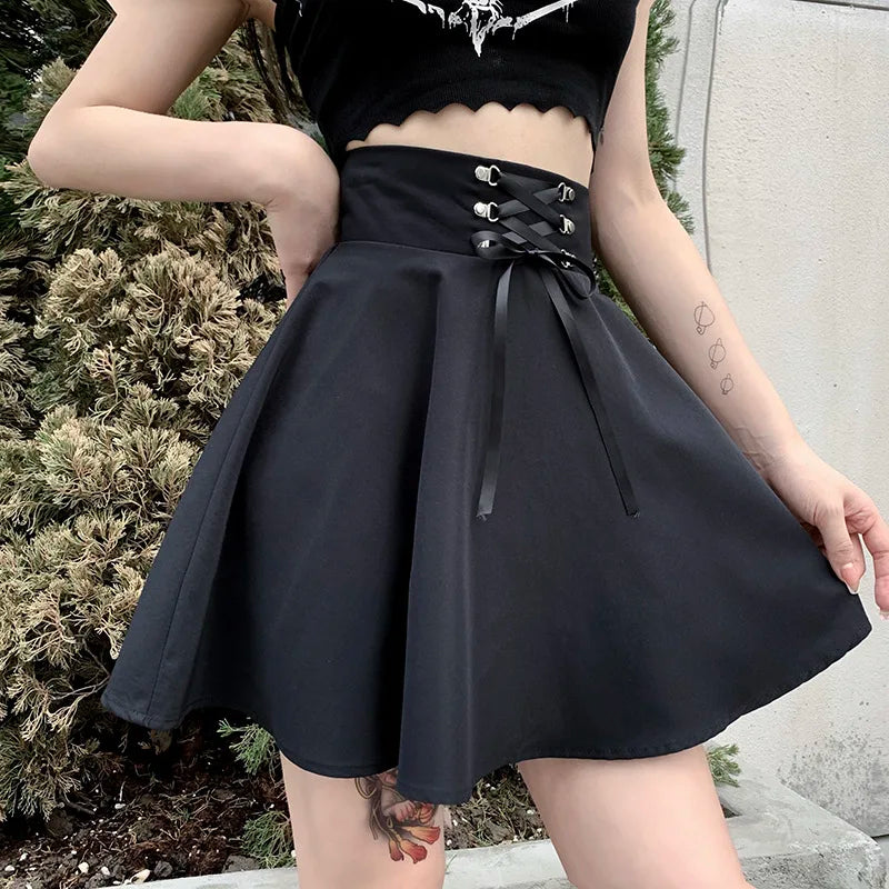 FICHOR Mall Goth Gothic Lace Ruffle Mini Skirts Womens Harajuku Fairy Grunge Pink Plaid Pleated Skirt Japanese Lolita Streetwear