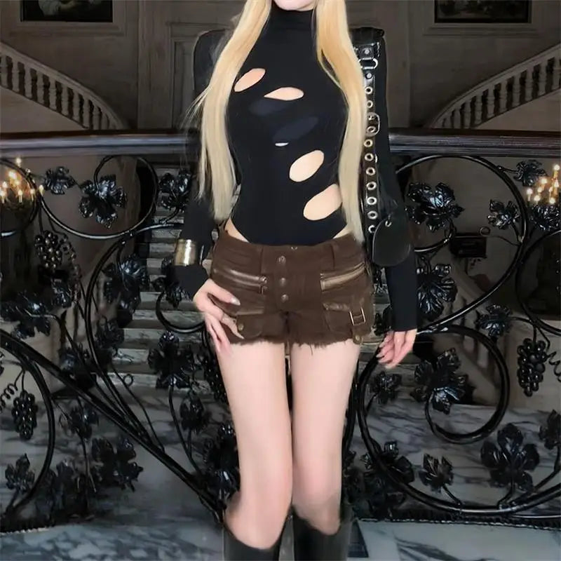 Sexy Dot Hollow Out Bodysuit Y2K Gothic Punk Long Sleeves Skinny High Collar T-shirt Women Autumn Streetwear Slim Bodysuits