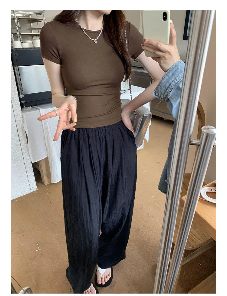 Basic Solid Crop Top Short Sleeve Crewneck Skinny T-shirt Summer Casual Tee for Women y2k Vintage Top Harajuku Streetwear