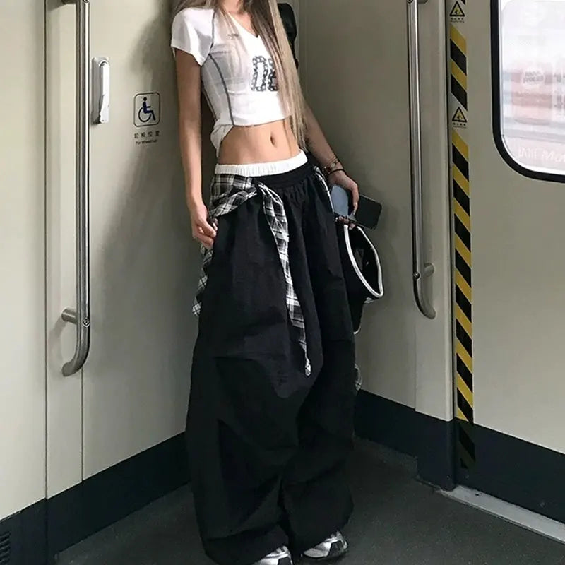 Y2K Black Cargo Pants Women Streetwear Plaid Patchwork Baggy Sweatpants Harajuku Wide Leg Joggers Summer Korean Casual Trousers