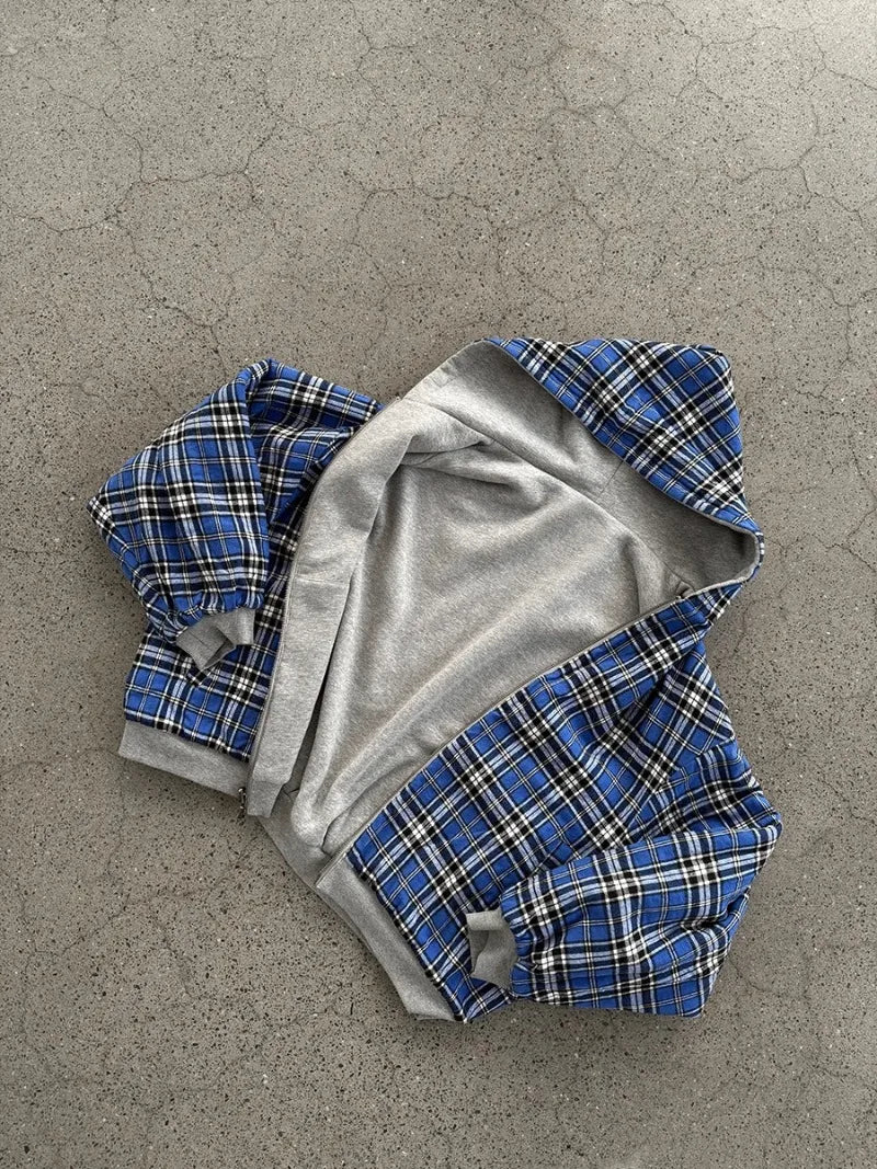 Casual Spring Oversized Reversible Hoodies for Men Street Clothes Hoodie with Plaid Lining Solid Color Sweatshirt Streetwear