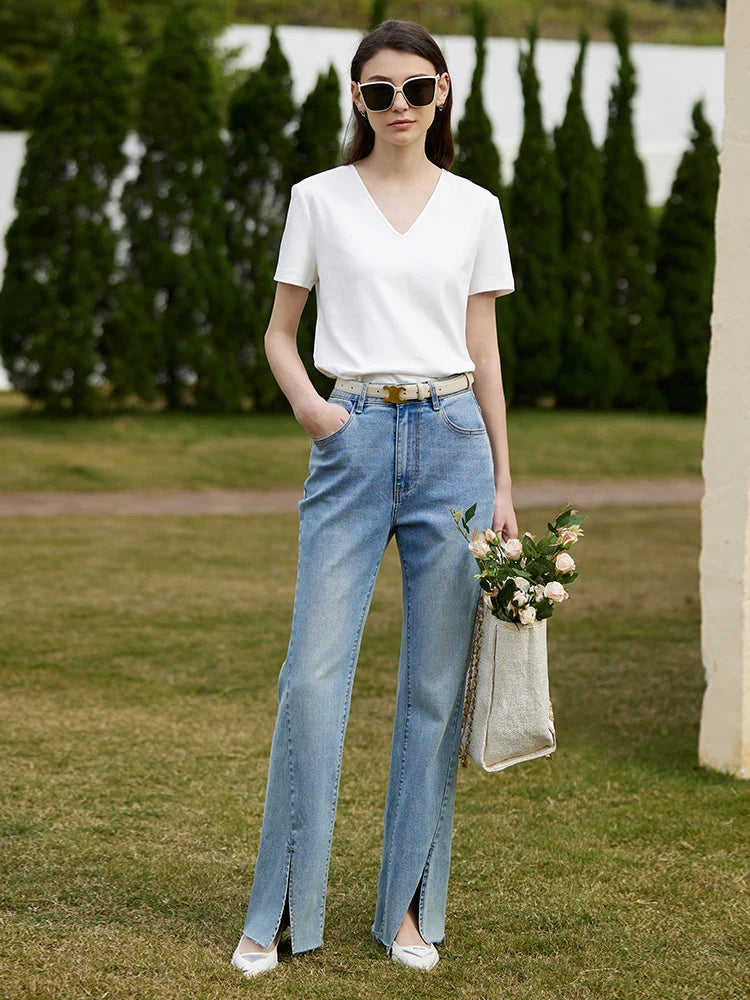 AMII Minimalism 100% Cotton Hollow Out Solid Short Sleeves Tees 2025 Spring New V Neck Top Women Casual Female T Shirt 12342289