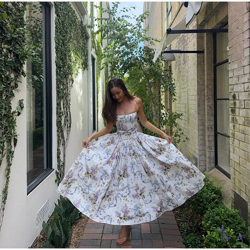Chic Flower Print A-line Maxi Dress Women Elegant High Waist Strapless Backless Slim Vestidos 2025 Lady Summer Vacation Robes