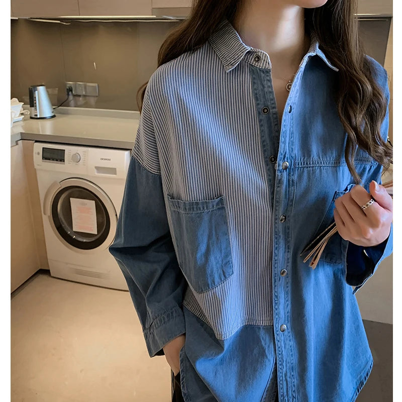 Womens' Splicing Striped Shirt Fashion Spring Autumn Versatile Thin Outerwears Korean Fashion Loose Blue Denim Jackets
