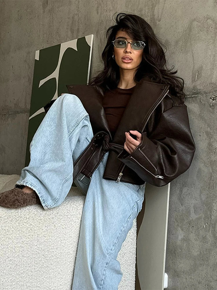 With Belt Leather Jacket Coat Lace Up Waist Cinched Suit Collar Slimming Zipper Biker Jackets Outwear Women Overcoat Streetwear