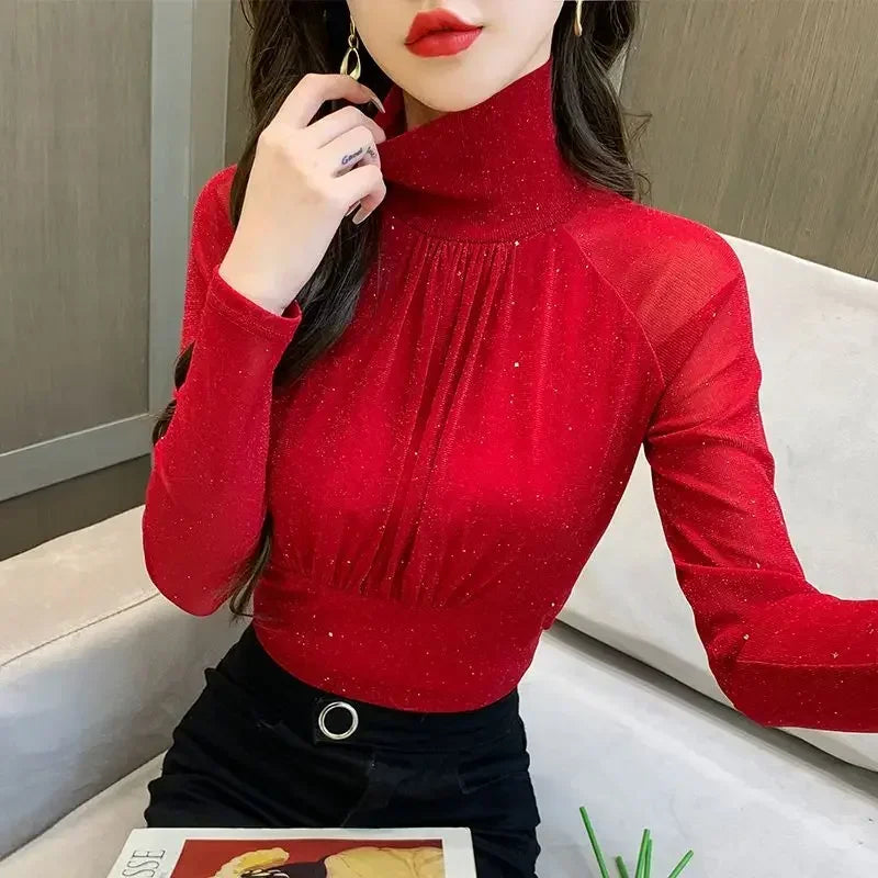 Sequin Long Sleeve T Shirt for Women Rhinestone Slim Plain Glitter Tops Woman Korean Popular Clothes With Sleeves Pulovers Kpop