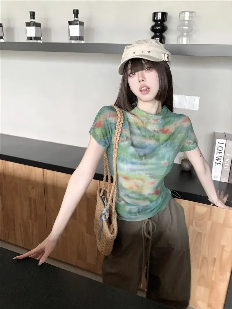 Turtleneck Woman Tops Tie DyeT Shirt for Women Japanese Vintage Fashion Korean Reviews Many Clothes Harajuku Clearance Basic