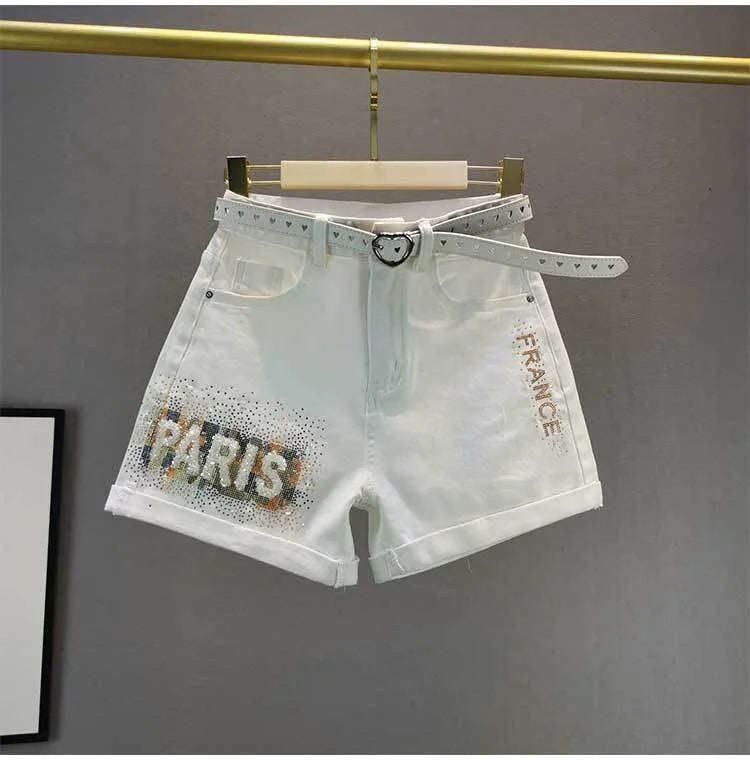White Denim Shorts Women's 2023 Summer New European Station Loose High Waist Hot Pants Fashion Letter Diamond Jean Pants Ladies