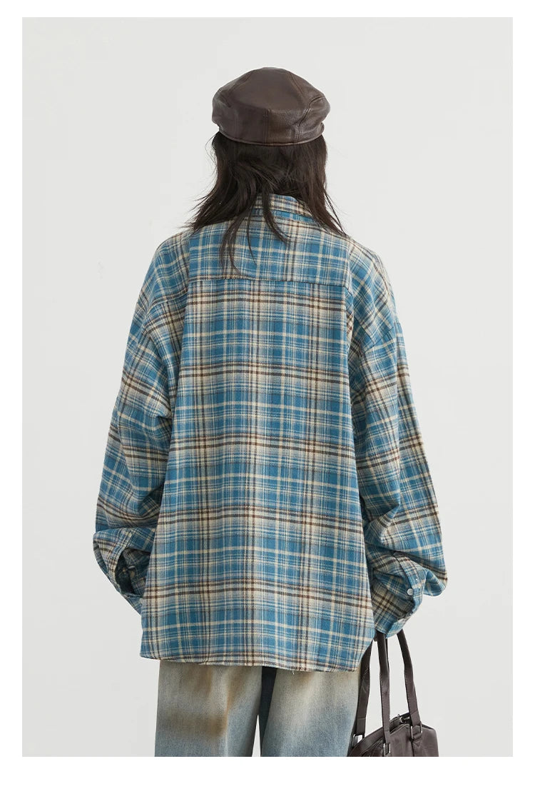 CHIC VEN Women's Cotton Shirt Single Breasted Loose New Retro Color Blocked Grid Female Blouses Autumn Spring 2024