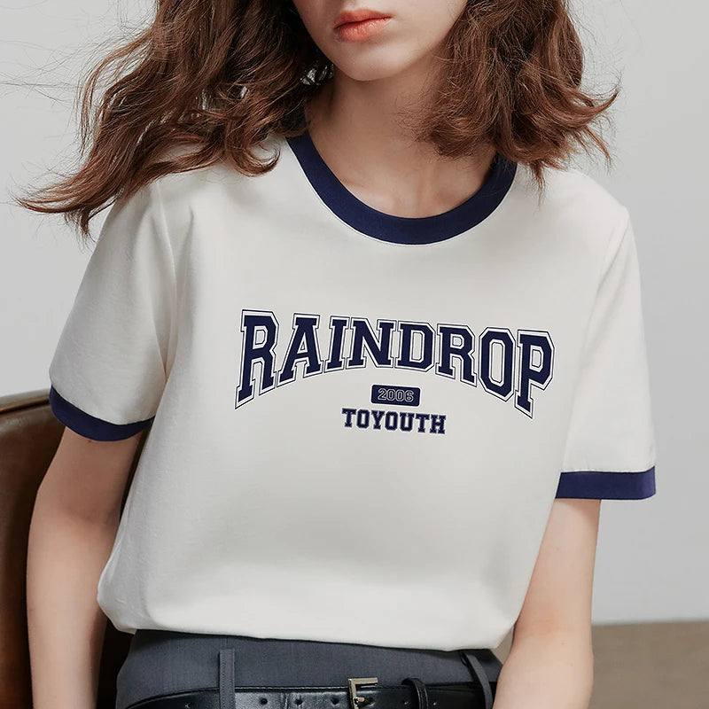 TOYOUTH Women Short Sleeve T shirt 2025 Summer New Color Blocked Letter American Style Antibacterial Cotton Tops GT5210004