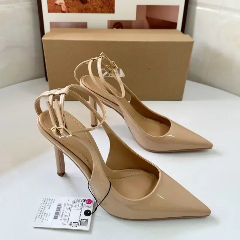 Nude Patent Leather Ankle Strap Buckle Women Pumps Sexy Pointed Toe Stiletto Heels Summer Stiletto Heels Party Shoes Sandalias