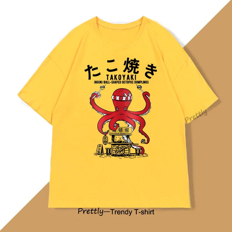 Japanese Takoyaki T-Shirt Octopus Balls Tshirt Street Food Lover Graphic T Shirts Anime Cotton Loose Top Oversized Clothes Top