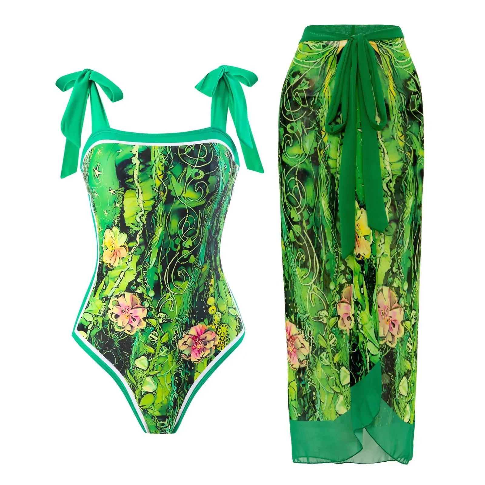 Retro One-Piece Swimsuit Set for Women with Chiffon Skirt Conservative Sexy Swimwear New 2025 Cross-Border AE Stock