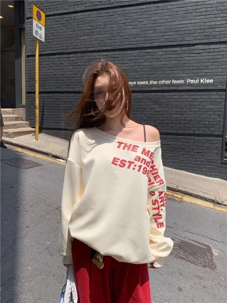 Shoulder Bared Vintage Print Letter Long Sleeve Sweatshirt Women's Autumn New Style Small Audience Oblique Shoulder Irregular Lo