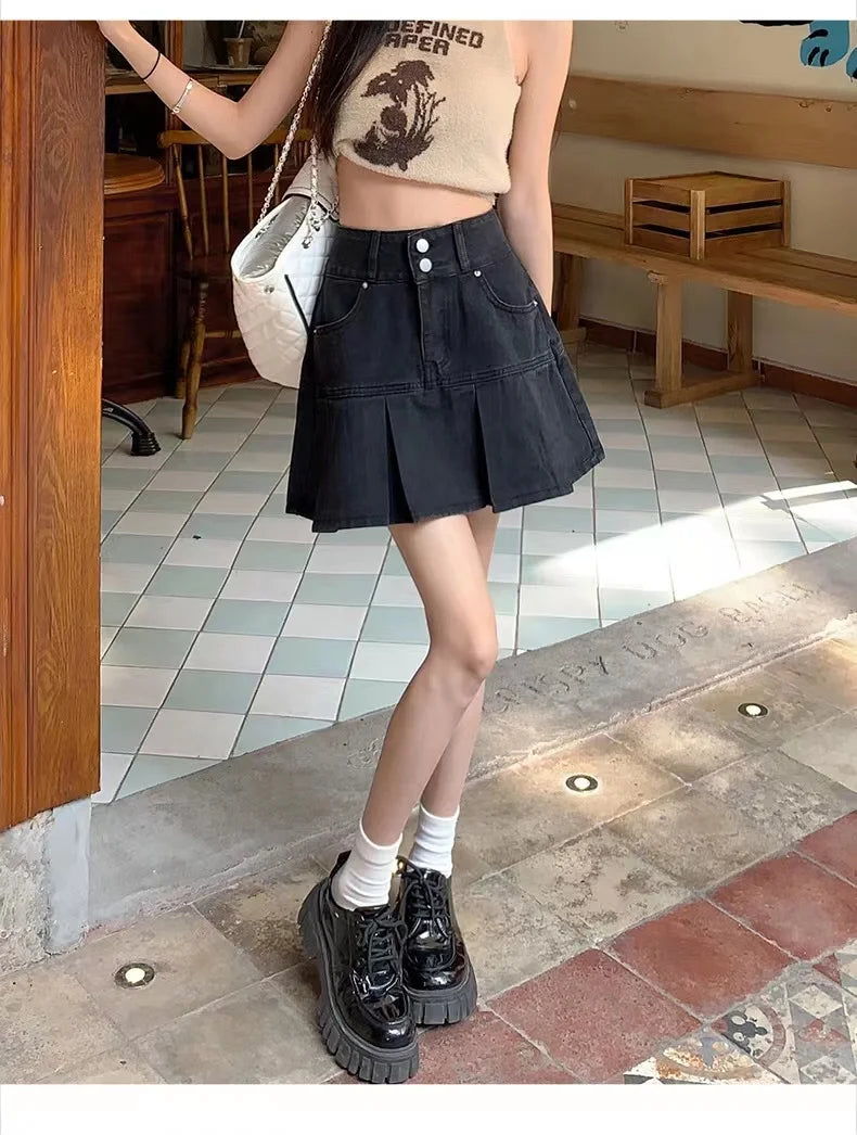 High Waist A-Line Pleated  Skirt Women's Denim ort Skirts Summer Design Slimming Belly Covering Korean Sle Cotton Blend