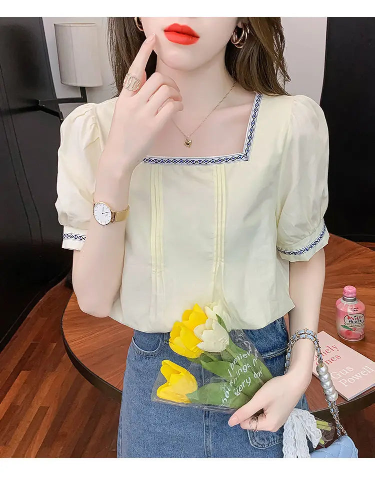 Women Clothing Summer Korean Fashion Embroidered Solid Color Square Collar Puff Sleeve Femme All-match Pleated Short Sleeve Tops