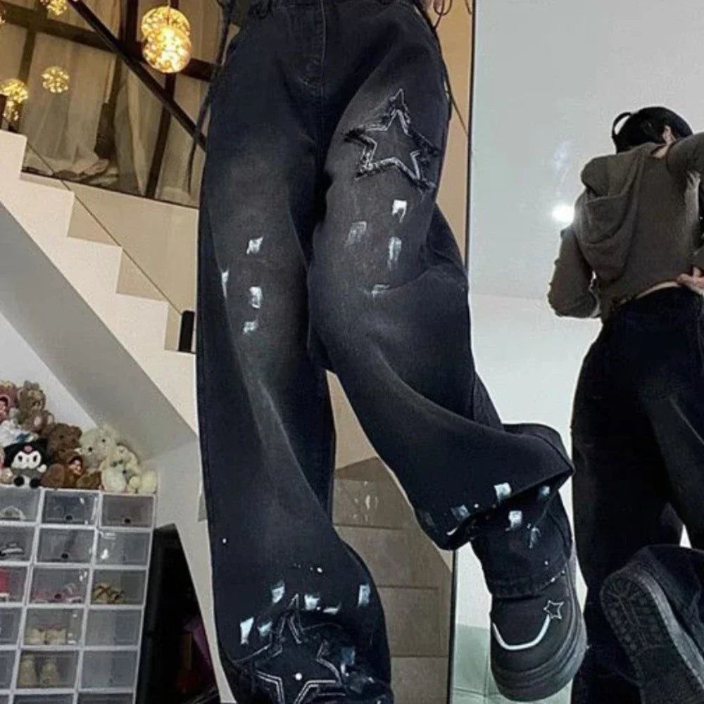 With Pockets Black Trousers Star Straight Leg Pants for Women High Waist Shot Womens Jeans Trend 2024 Pant Loosefit Grunge Y2k Z