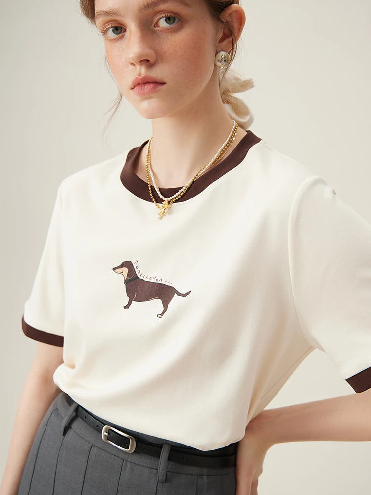 FSLE Women Short Sleeve Tees 100% Cotton Round Neck Women T-Shirts Animal Print Summer Female Loose Tee 24FS12185
