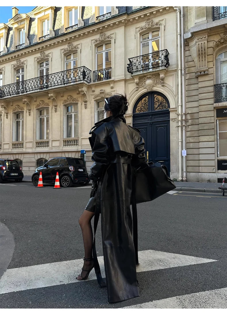 Lautaro Spring Autumn Extra Long Black Pu Leather Trench Coat for Women with Back High Slit Luxury Chic European Fashion 2024