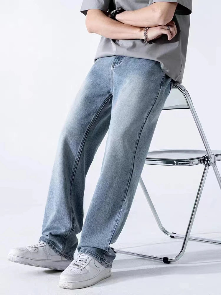 Spring Autumn Men's Jeans Straight Denim Pants Banding Waist Cotton Streetwear Wide Leg Loose Casual Blue Long Jeans Trousers