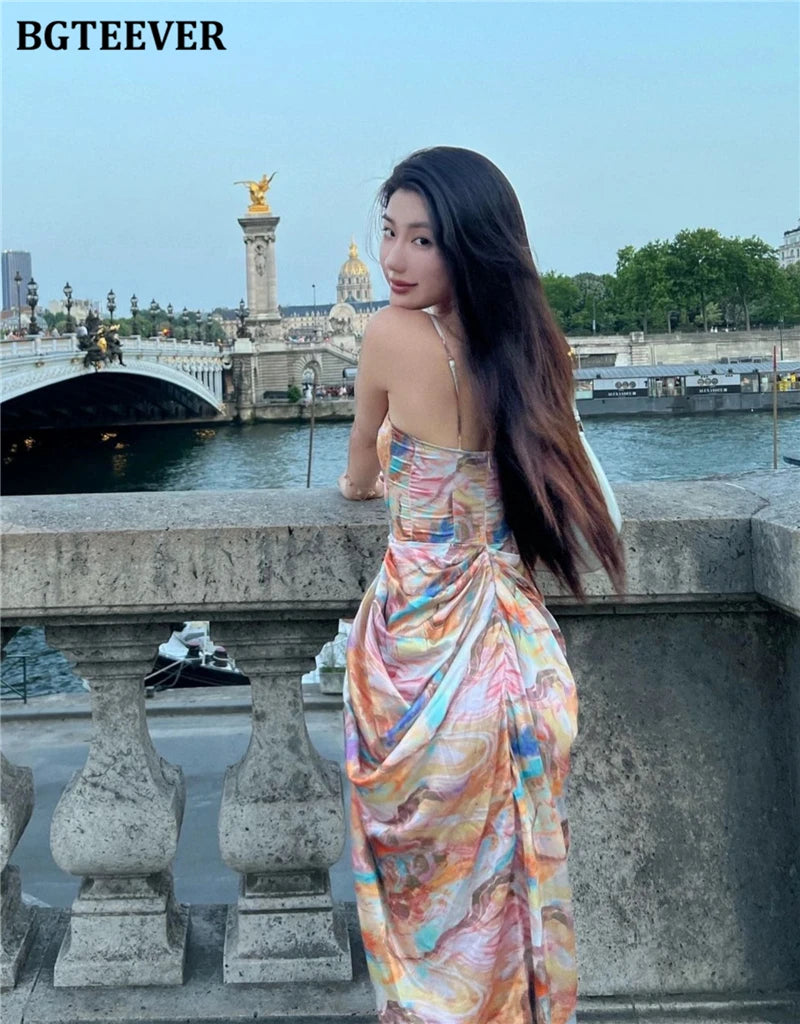 BGTEEVER Summer Fashion Slim Women Spaghetti Strap Midi Printed Dress Elegant Ladies Sleeveless Side Split Bodycon Dress