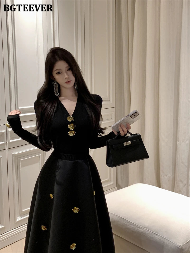 BGTEEVER Spring Elegant Ladies 2 Pieces Skirt Set Long Sleeve V-neck Pullovers & High Waist Loose A-line Skirts Women Outfits