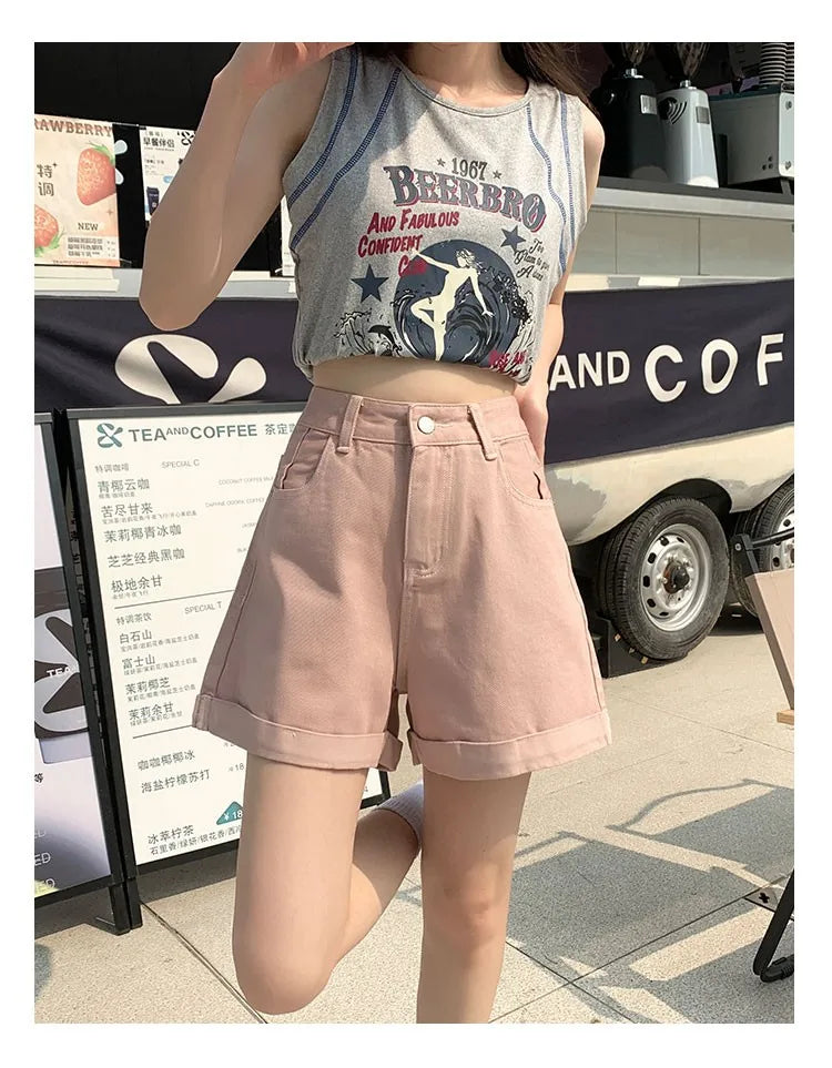 GUUZYUVIZ Green Shorts Feminina Summer Casual Loose Vintage  Jeans Shorts Women Streetwear High Waisted Wide Leg Denim Shorts