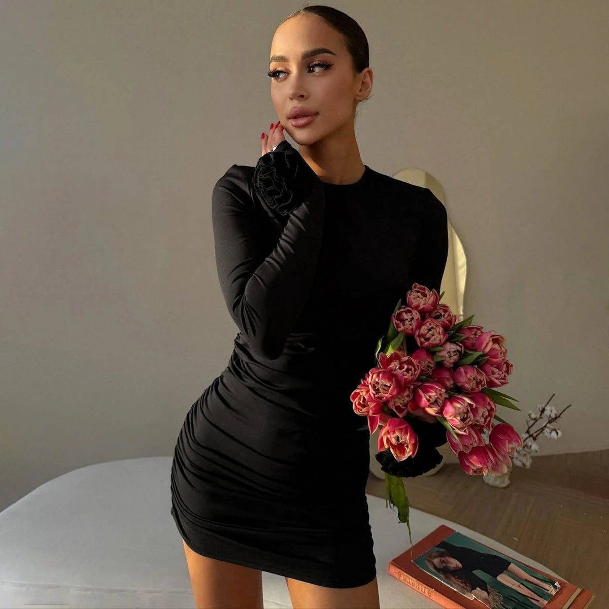 Hugcitar 2025 Elegant Solid Long Sleeve Tie Flowers Sexy Bodycon Pleated Mini Dress Spring Women Outfits Birthday Party Festival