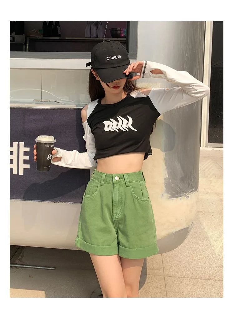 GUUZYUVIZ Green Shorts Feminina Summer Casual Loose Vintage  Jeans Shorts Women Streetwear High Waisted Wide Leg Denim Shorts