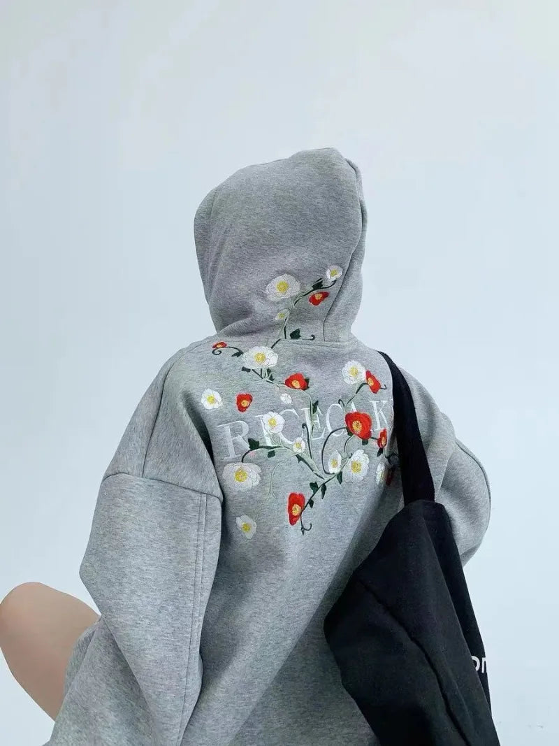 Hikigawa Chic Fashion Floral Embroidery Hoodies Women Coats Autumn Casual Loose All Match Hooded Pullover Outerwear Tops Mujer